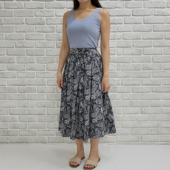 Vintage Liz Claiborne Collection Paisley Midi Skirt Navy White Petite Rayon Wool - Picture 1 of 7
